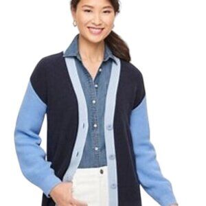 Talbots Women's Pima Cotton Blue Colorblock Shaker Stitch LS V-Neck Cardigan